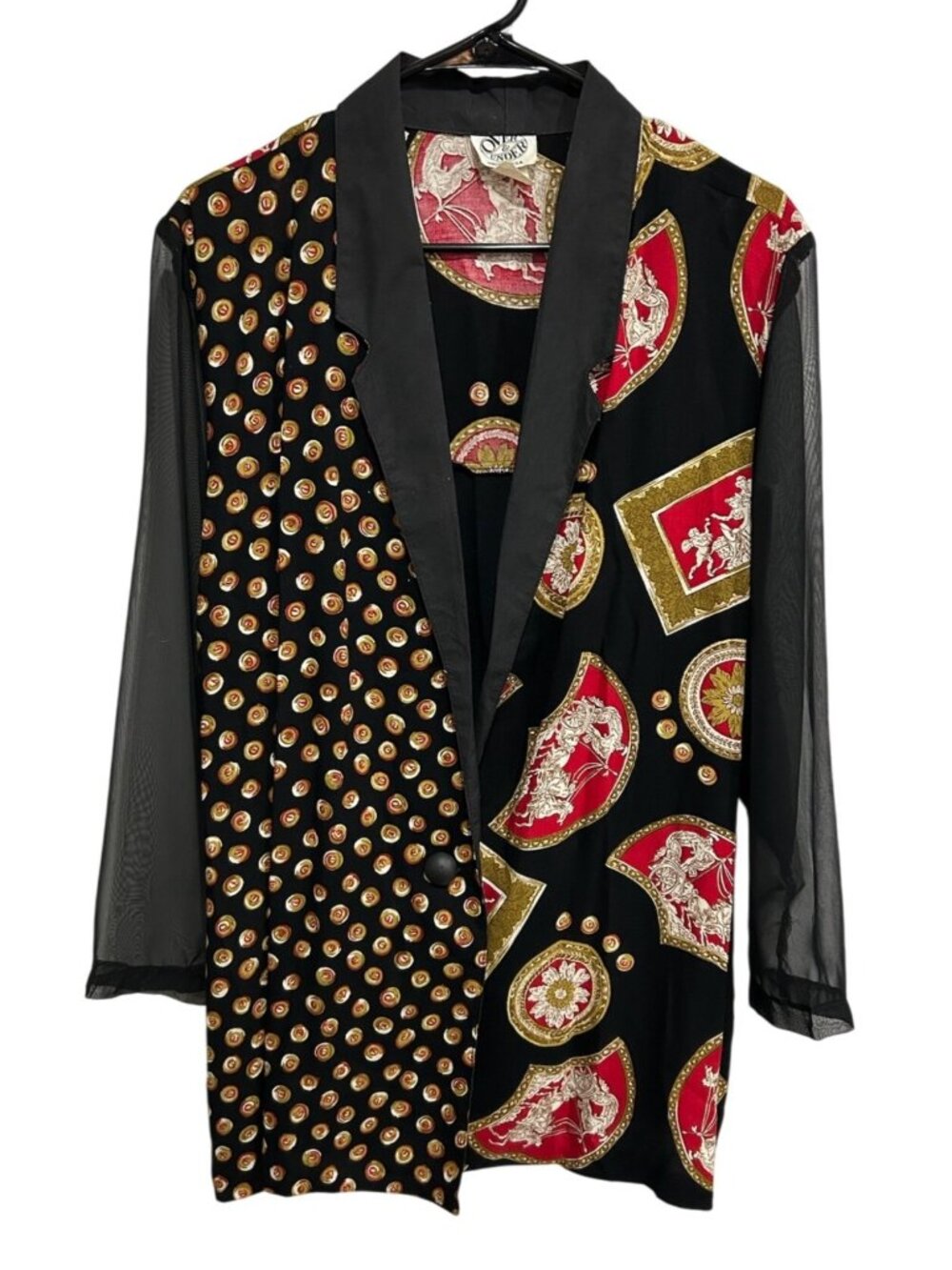 Vintage Over & Under Sheer Black Long Blazer Jacket With Mixed Print Size 18